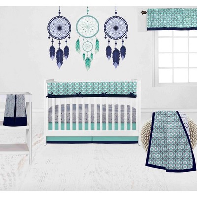 Bacati - Noah Mint Navy 6 pc Crib Bedding Set with Long Rail Guard Cover