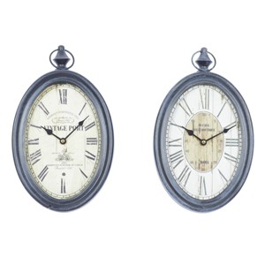 Olivia & May Set of 2 Metal Pocket Watch Style Wall Clocks Black: Vintage-Inspired, Oval, Indoor Decorative Timepiece - 1 of 4