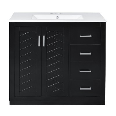 Vynxaria 36'' Bathroom Vanity with Ceramic Sink, Solid Wood Frame, Freestanding Cabinet with 3 Drawers & Soft Closing Doors