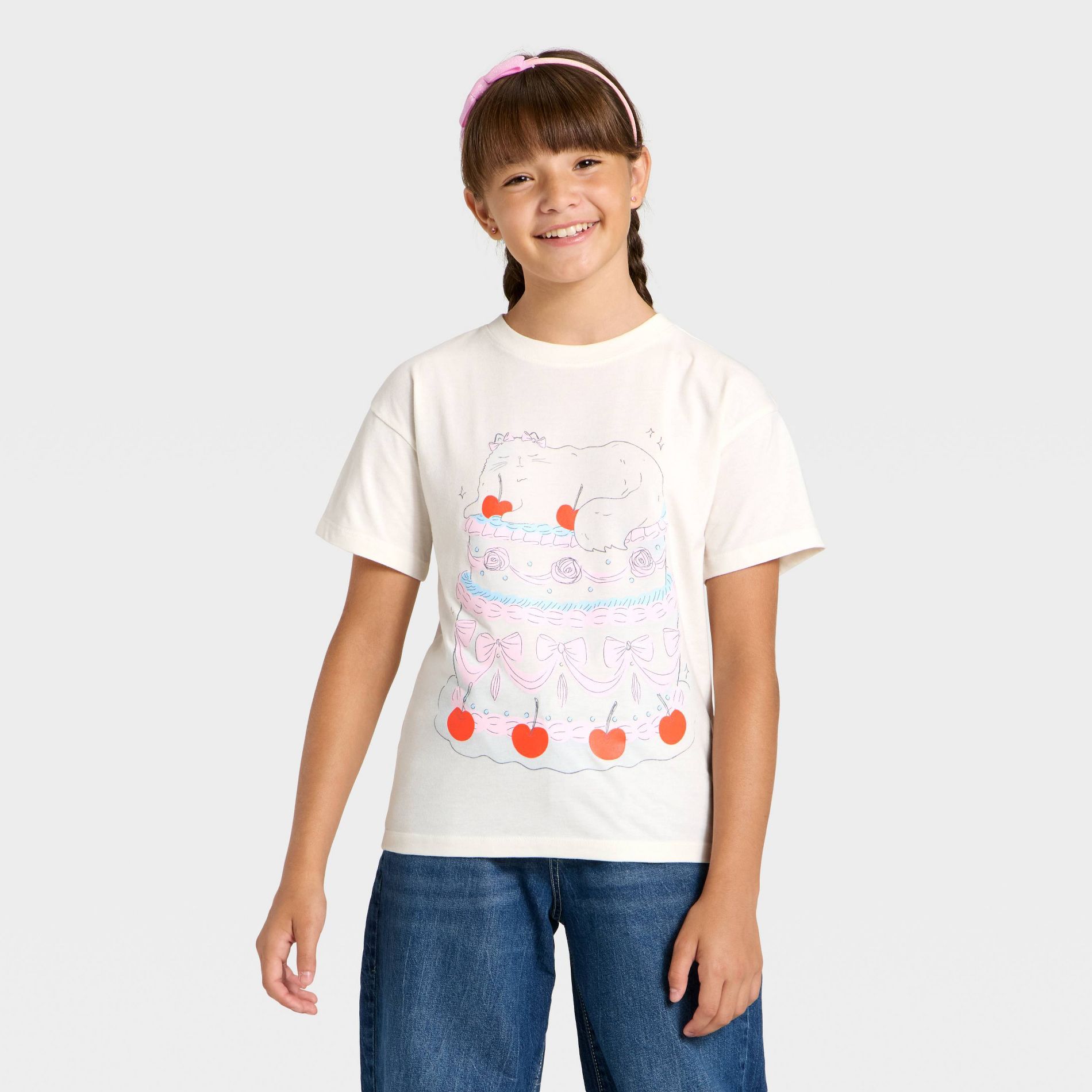 Girls' Short Sleeve 'Cat Cake' Oversized Graphic T-Shirt - Cat & Jack™ Off-White