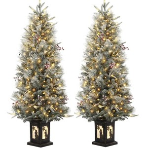 4.5ft Snow Flocked Pre-Lit Christmas Tree with 200 Lights, 8 Modes, Red Berries and Pot Base - 1 of 4