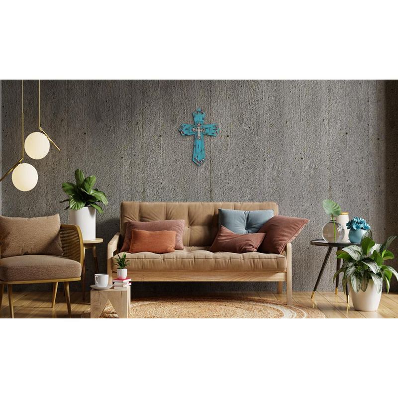 FC Design 15.75"H Decorative Wood Cross in Turquoie Religious Sculpture Wall Decoration, 3 of 4