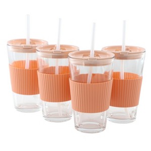 Mr. Coffee Sip Savvy 4 Piece 15 Ounce Silicone Sleeve Glass Cup Set w/ Lid and Straw - 1 of 4