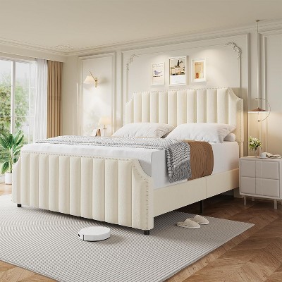 homfan Queen Platform Bed Frame with Headboard, Velvet Upholstered Bed Frame Queen with Vertical Channel Tufted Headboard, No Box Spring Needed,Beige