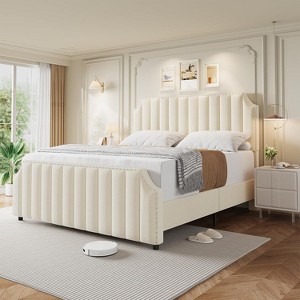 homfan Queen Platform Bed Frame with Headboard, Velvet Upholstered Bed Frame Queen with Vertical Channel Tufted Headboard, No Box Spring Needed,Beige - 1 of 4