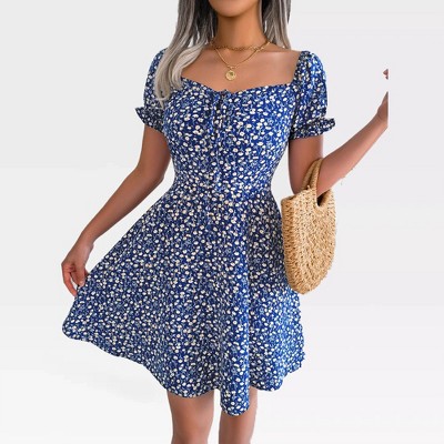 Womens Floral Ruffle Dress Short Sleeve Front Tie Summer Dress Sweetheart Neck Smock Dress Empire Waist Ruffle Sleeve Midi Skater Dress