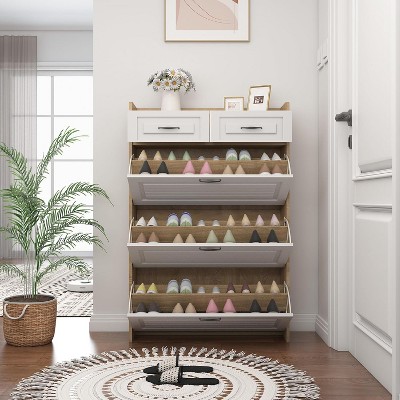 Shoe Storage Cabinet for Entryway, Hidden Shoe Cabinet with 3 Doors 2 Drawers Slim Shoe Cabinet, Freestanding Shoe Organizer Rack for Entryway