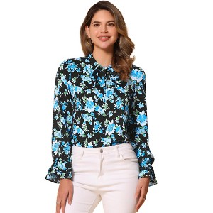 Allegra K Women's Floral Tie V Neck Chiffon Ruffle Trumpet Sleeve Blouse - 1 of 4