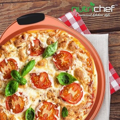 NutriChef Copper Non-Stick Pizza Tray with Silicone Handles