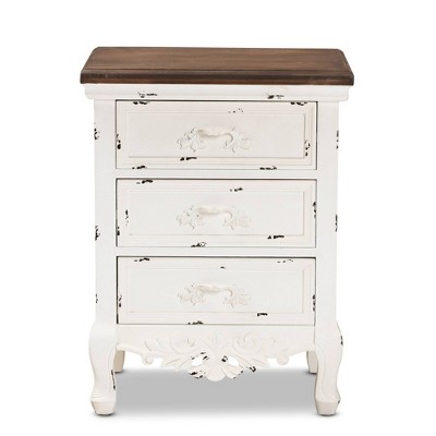 Levron and Antique Wood 3 Drawer Nightstand Walnut Brown/Antique White - Baxton Studio