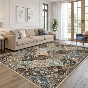 Washable Vintage Floral Rug Non Slip Low Pile Rug Soft Distressed Throw Floor Cover Foldable Indoor Carpet for Living Room Bedroom Playroom Nursery - 1 of 4