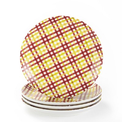 Lakeside Red and Yellow Plaid Ceramic Dinner Plates - Dishwasher Safe - Set of 4