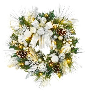 24 Inch Silver Christmas Wreath Holiday Decor with Bow, Pine Cones & Balls for Front Door/Fireplace/Wall (Indoor/Outdoor) - 1 of 4