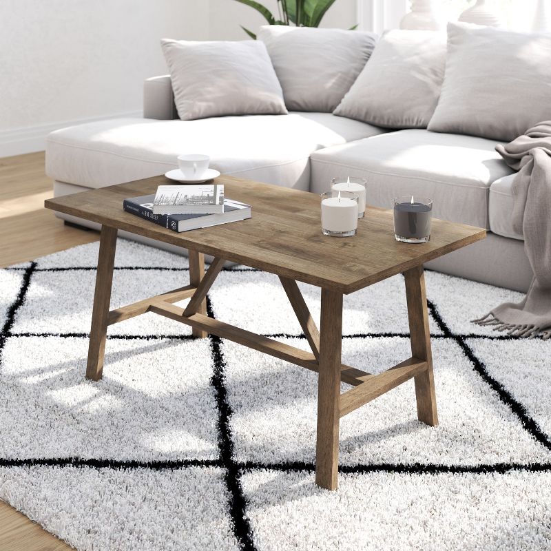 Merrick Lane Farmhouse Trestle Coffee Table, Solid Wood Rustic Accent Table, 3 of 11