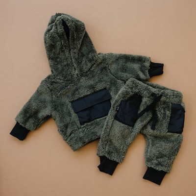 Kids Teddy Furry Fleece Jogger Sweatsuit Set - Olive + Scout