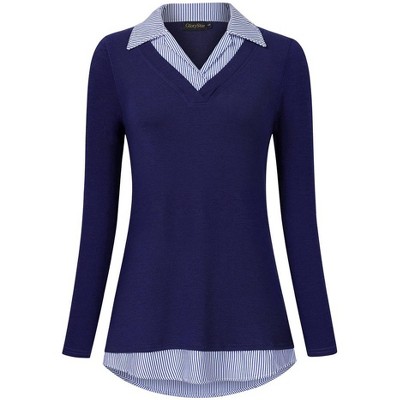 WhizMax Women's Long Sleeve Contrast Collared Shirts Patchwork Work Blouse Tunics Tops