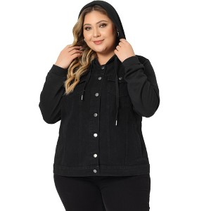 Agnes Orinda Women's Plus Size Denim Hood Layered Drawstring Fall Winter Button Pockets Jean Jackets - 1 of 4