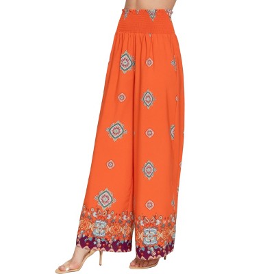 Slickblue Women's Wide Leg Woven Pants, Border Print Design, Smocked Waist, Stretch Fabric, Orange, Size S-L