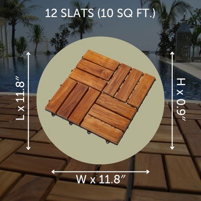 Nordic Teak 12-Slat Interlocking Outdoor Floor Tiles, 10 sq ft