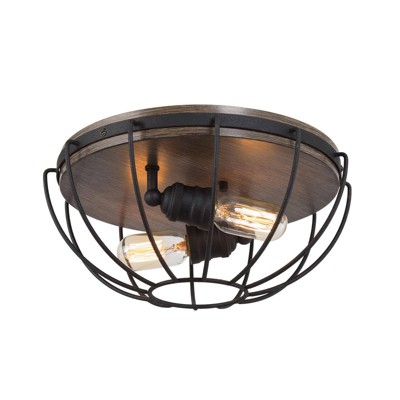 LNC Chet Ill 2-Lights 14.5-in Antique Black and Distressed Wood Brown Wire Cage  Industrial LED Flush Mount Lights
