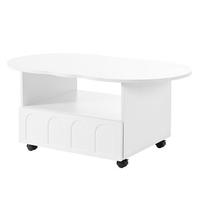 Lirago Cream Style Coffee Table with Wheels Cloud Top Design Large Storage Drawer and Brake System for Living Room White