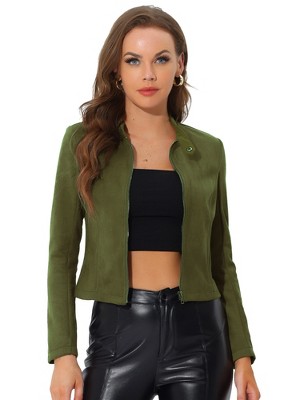 Allegra K Women's Faux Suede Stand Collar Zip Up Long Sleeve Moto Biker Jacket