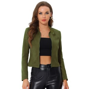 Allegra K Women's Faux Suede Stand Collar Zip Up Long Sleeve Moto Biker Jacket - 1 of 4