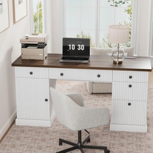 Wooden Home Office Desk with Charging Station – 60" Fluted Executive Desk with File Drawers for Study Room - 1 of 4