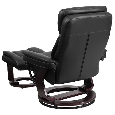 Sustainably Sourced Black Leather Swivel Recliner with Mahogany Wood Base