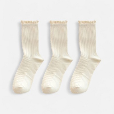 Anna-Kaci Women's 3-Pack Ribbed Crew Socks with Soft Lace Trim and Comfortable Stretch Knit Design