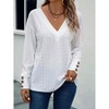 Women's V Neck Lace Up Long Sleeve Drop Shoulder Button Detail Casual T-Shirt - 3 of 4
