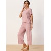 cheibear Women's Sleepwear Round Neck Soft Knit Short Sleeve Shirt with Pants Capri Pajamas Set - 2 of 4