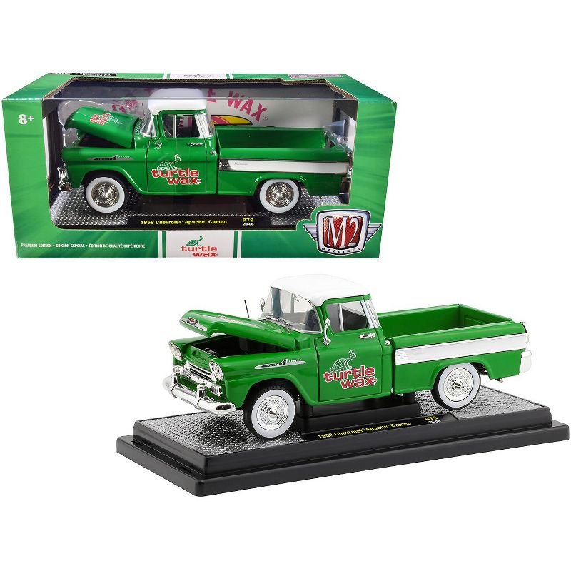 1958 Chevrolet Apache Cameo Pickup Truck Green with White Top and White Stripes "Turtle Wax" Ltd Ed to 6880 pcs 1/24 Diecast Model Car by M2 Machines, 1 of 4