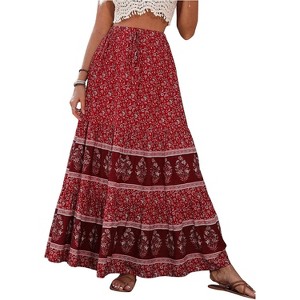 Women's Boho Maxi Skirt - Flowy Flared Ruffle Design for Summer & Going Out Outfits Redwood - 1 of 4