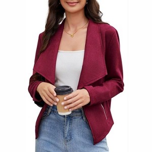 Coolmee Women's Fashion Faux Suede Jackets Lapel Long Sleeve Open Front Outerwear Cropped Coats - 1 of 4