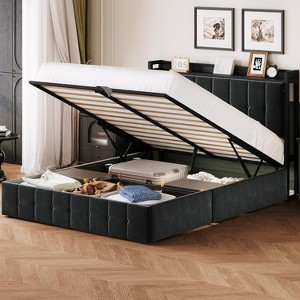 Lift Up Storage Bed Frame , Velvet Upholstered Hydraulic Platform Bed Storage Headboard , Wooden Slats, No Box Spring Needed - 1 of 4