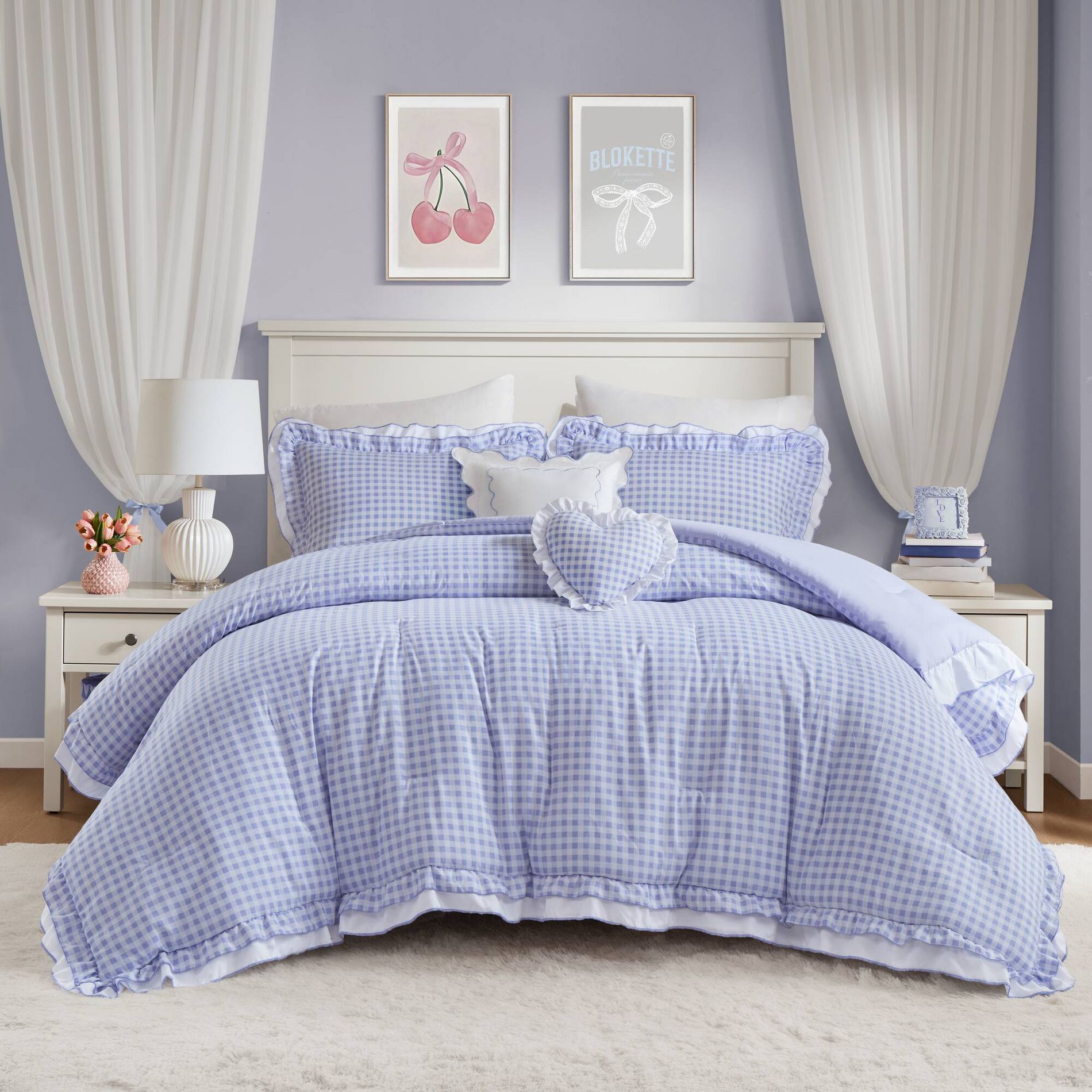 4Pcs Plaid Print Ruffle Comforter Set, Ultra Soft Breathable Microfiber Bed Set with Matching Heart Shape Decorative Pillows