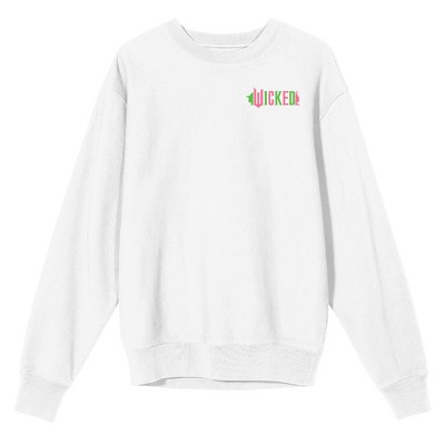 Wicked Part One Elphaba & Glinda Green & Pink Graphic Women’s White Crew Neck Long Sleeve Sweatshirt-XL