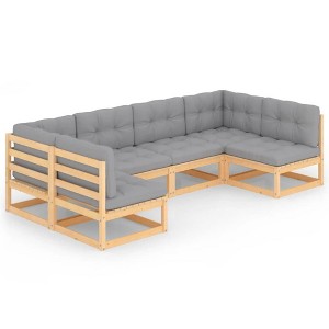 vidaXL Patio Furniture Set 6 Piece Outdoor Sectional Sofa Solid Wood Pine - Natural With Cushions - 1 of 4
