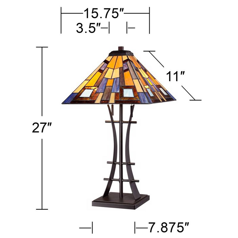 Robert Louis Tiffany Jewel Tone Mission Table Lamp 27" Tall Iron Bronze Geometric Stained Glass Art Shade for Bedroom Living Room Bedside Nightstand, 4 of 10