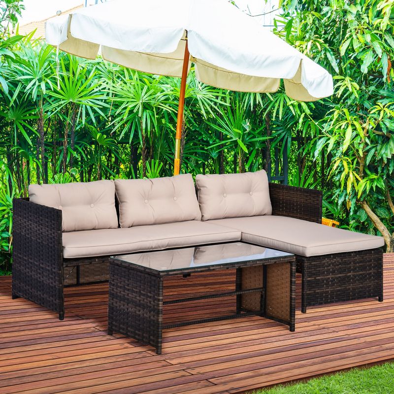 Outsunny 3-Piece Wicker Patio Furniture Sets, Rattan Conversation Sets, Sectional sofa set with Cushioned Lounge Chaise for Garden Poolside or Porch Lounging, 3 of 9