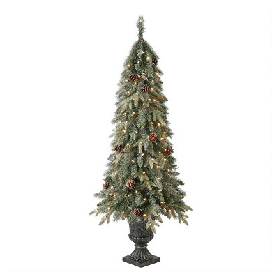 Home Heritage Entryway 5 Foot Prelit Pot Pine Christmas Tree With White Lights and Pinecones