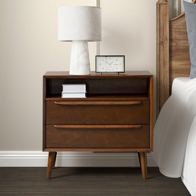 Walnut Mid-Century Modern 2-Drawer Nightstand with Open Shelf