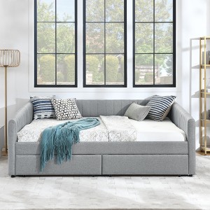 TiramisuBest Full Size Daybed with Trundle, Upholstered Linen Sofa Bed with Vertical Stripes, Beige - 1 of 4