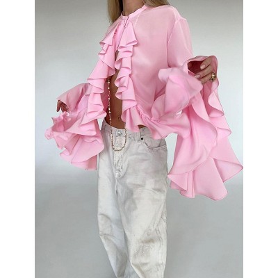 Women's Ruffle Sheer Mesh Chiffon Blouses Layered Long Bell Sleeve V Neck Dressy Shirts Going Out Top