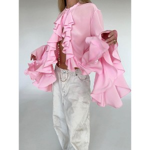 Women's Ruffle Sheer Mesh Chiffon Blouses Layered Long Bell Sleeve V Neck Dressy Shirts Going Out Top - 1 of 4