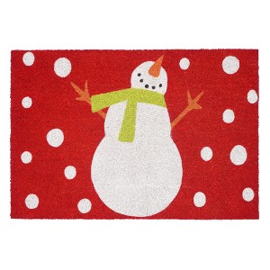 HomeRoots 17" X 29" Red And Christmas Snowman Outdoor Coir Door Mat - 1 of 4