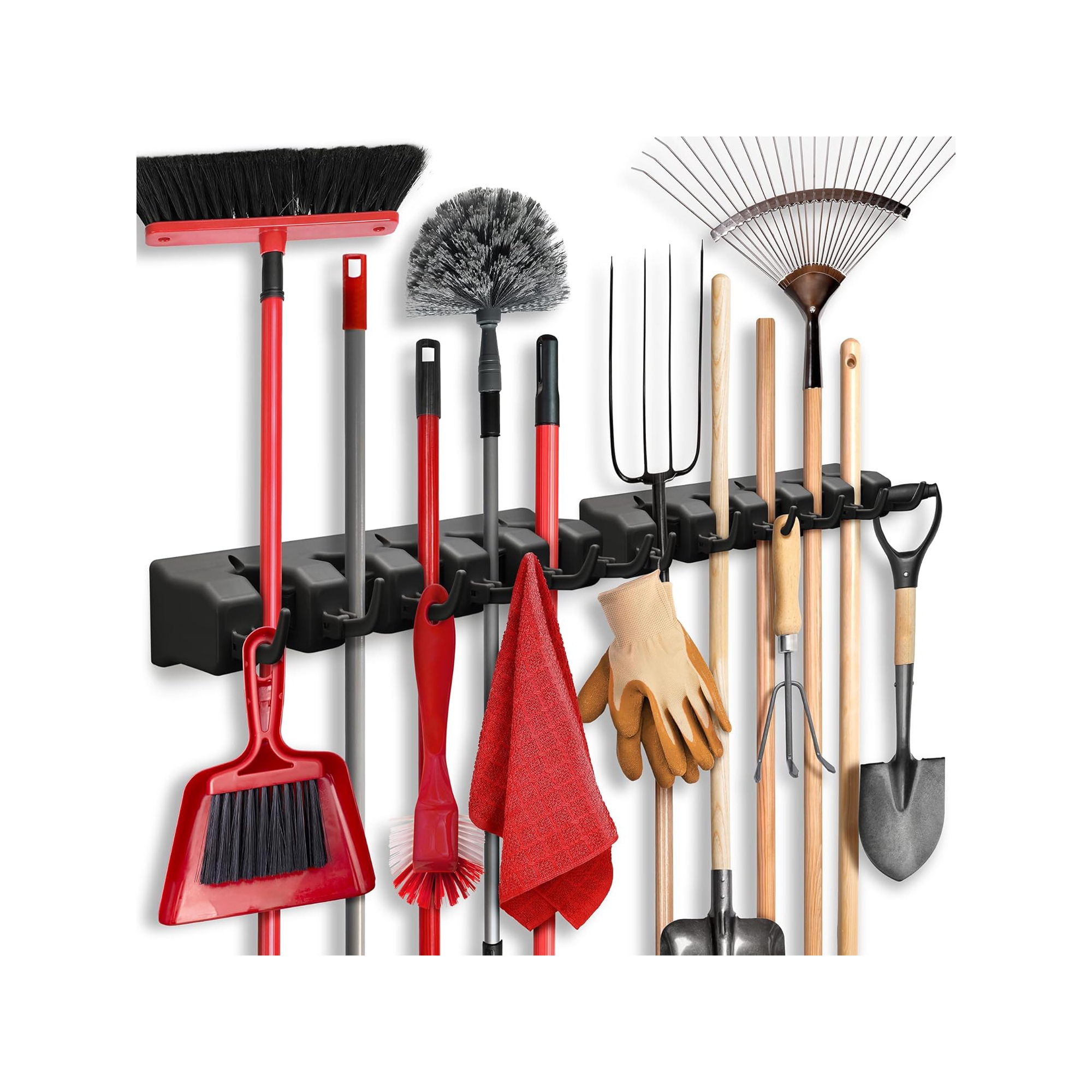 2 Pk Mop and Broom Holder Wall Mount - 5 Slots, 6 Hooks, 7.5lbs Capacity for Garage, Home, Kitchen, Closet, Laundry Room Organization Black Homeitusa