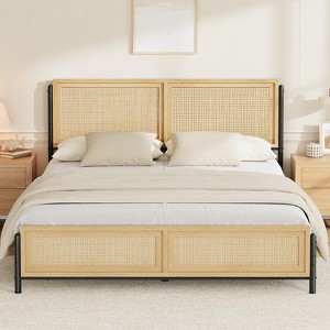 Boho Wooden Full/Queen/King Size Bed Frame with Natural Rattan Headboard and Footboard, No Box Spring Needed, Noise-Free Easy Assemble Metal Bedframe - 1 of 4