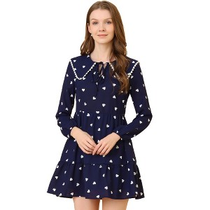 Allegra K Women's Mini Cute Heart Print Long Sleeve Ruffle Hem Dresses - 1 of 4